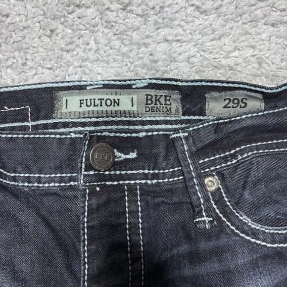 BKE Denim Jeans Mens 29 Short Fulton Button Fly Dark Embroidered Big Stitch - Picture 2 of 6